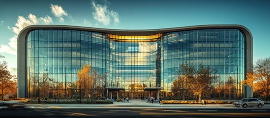 Modern glass office building with curved facade and entrance with people walking by.