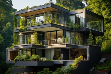 Modern house with a green roof and large windows, nestled in a lush forest.