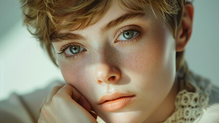 Close-up portrait of a young woman with blue eyes, soft wavy hair, and freckles, resting her chin on her hand. Gentle lighting emphasizes her serene and introspective look