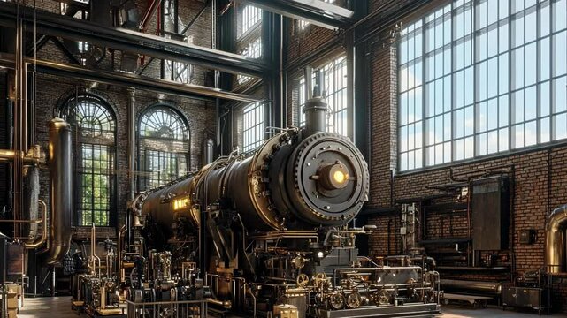 Vintage Industrial Steam Engine in Retro Factory Setting