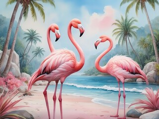 Three pink flamingos on a tropical beach with palm trees.