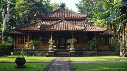Fototapeta premium Traditional Balinese villa with spacious yard and swimming pool.