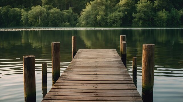 Tranquil wooden dock extending into calm waters surrounded by greenery.