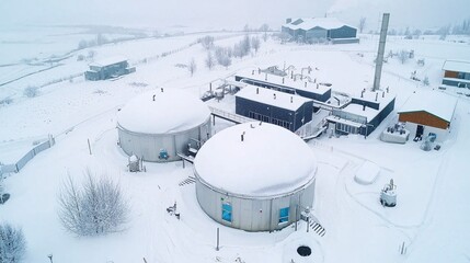 Biogas plant in winter with snow-covered tanks, capturing sustainable energy production in diverse weather conditions. 8K