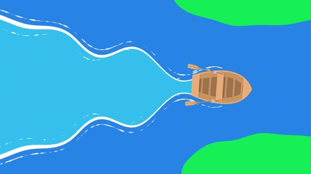 Wooden rowboat on a blue river, green banks. Suitable for outdoor, adventure, travel, nature, river exploration, boating, and recreational themes.