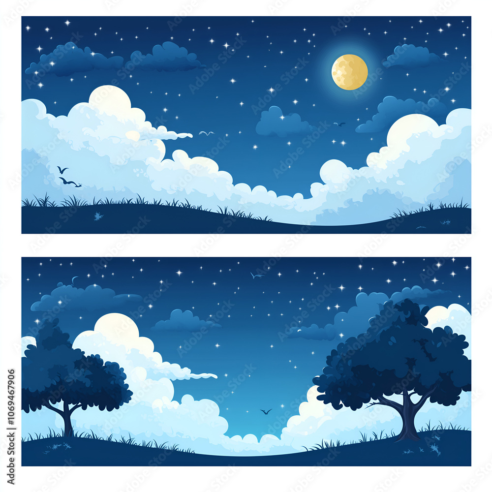 Wall mural 3 cute, simple sky banners with a white background, blue sky with clouds and birds, night time with a moon in the middle of two clouds, a tree on the bottom right side