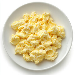 A plate of soft scrambled eggs, isolated on a white background, showcasing a classic breakfast dish