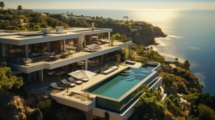 Modern luxury villa overlooking the sea with an infinity pool and a beautiful sunset.