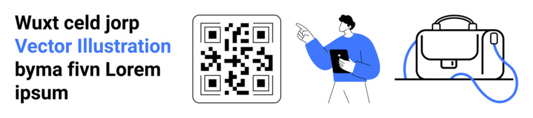 QR code with a user wearing blue pointing and holding a tablet, adjacent to a simple vector of a bag. Ideal for tech presentations, marketing, e-commerce, education, app UI, digital security
