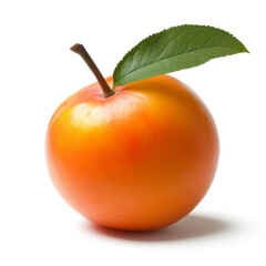A single ripe persimmon with a leaf, isolated on a white background, emphasizing a unique fruit
