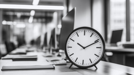 Monochromatic Close-up of a Clock on a Business Desk, Symbolizing Time Management