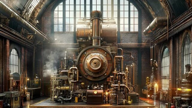 Vintage Industrial Steam Engine in Retro Factory Setting