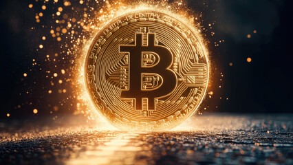 Fiery Bitcoin Symbol Emerging in a Dramatic Digital Landscape