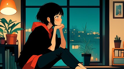 Lofi Girl sitting in front of the window, rainy city view outside. beautiful chill, atmospheric wallpaper. 4K background. lo-fi, hip-hop style. Anime manga style.