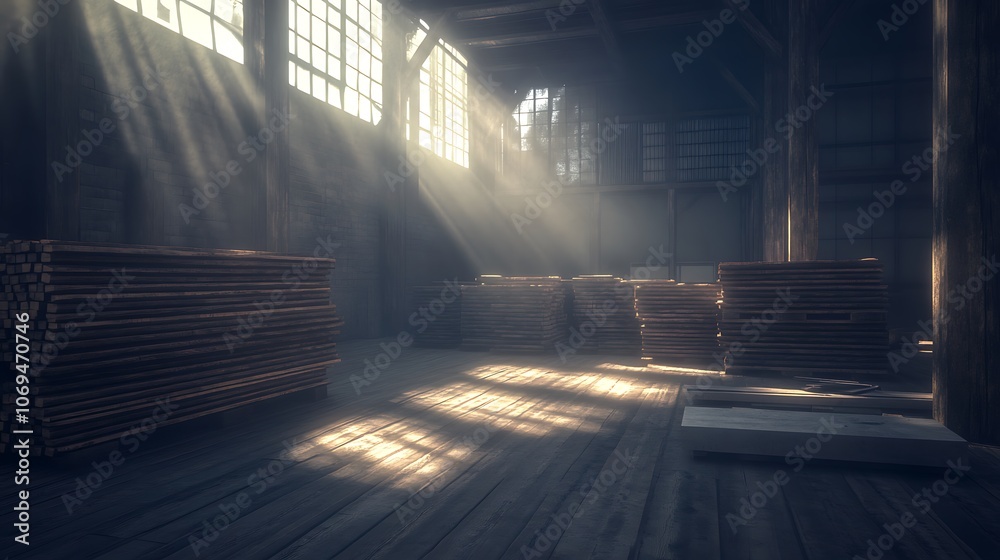 Aufkleber a serene interior of a wooden warehouse, filled with stacked planks, illuminated by soft rays of sun