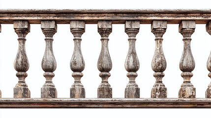 Isolated Vintage Banister Fence on White Background, Showcasing Intricate Woodwork and Weathered Details, Emphasizing Charm and Character