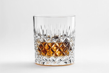 Crystal whiskey glass filled with ice cubes and amber-colored spirits,  on a white background.