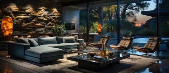 Contemporary living room with large sectional sofa, coffee table, and two chairs facing a large window with a view of a patio and swimming pool with mountains and trees in the background.