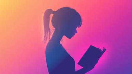 A silhouette of a girl reading a book, with a vibrant gradient background that highlights her outline