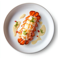 A plate of buttery lobster tail, isolated on a white background, emphasizing a luxury seafood dish
