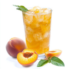 A glass of peach iced tea, isolated on a white background, showcasing a refreshing summer drink