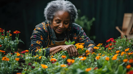 Senior Woman Gardening in Flowerbed - Realistic Photo