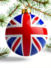 Christmas ball featuring union jack flag hanging for united kingdom holidays