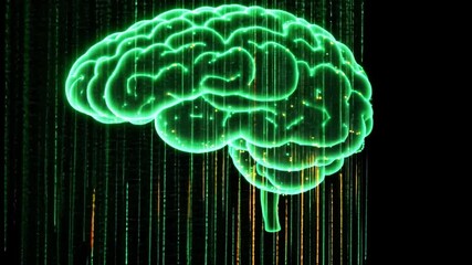A glowing green brain design with digital rain effects set against a black background