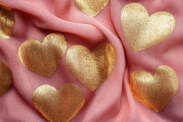 Obraz premium Golden heart pattern on a soft blush pink velvet background.