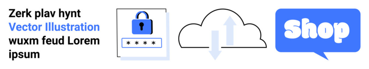 Lock with cloud upload and speech bubble saying Shop. Ideal for internet security, cloud computing, e-commerce, digital marketing, tech solutions. Banner landing page