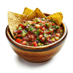 A bowl of spicy salsa, isolated on a white background, emphasizing a flavorful dip