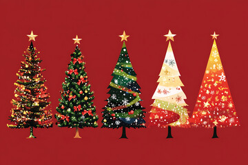 Five christmas trees with colorful ornaments, stars, and snowflakes are displayed on a red background, creating a festive holiday scene