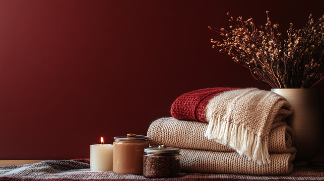 A Cozy Fall Retreat: Warm Blankets, Tea, and Candles for the Ultimate Comfort, Set Against a Rich Burgundy Backdrop
