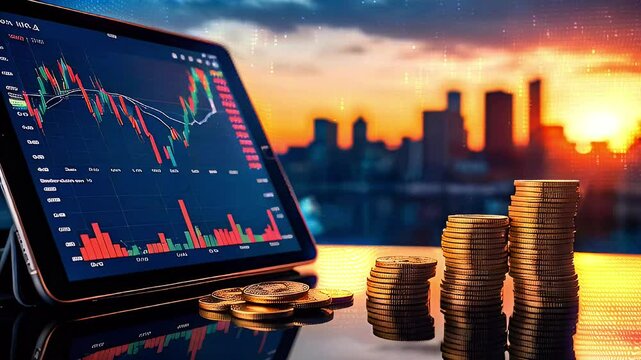 A tablet showing a stock market chart with a stack of coins in the foreground with a city skyline at sunset.