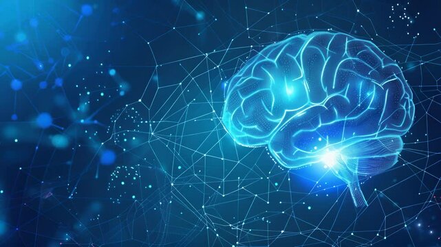 A brain is shown in a blue background with a lot of dots. The brain is surrounded by a web of lines, which gives the impression of a complex network. Concept of the brain being a complex
