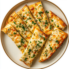 A plate of cheesy garlic bread, isolated on a white background, highlighting a savory side