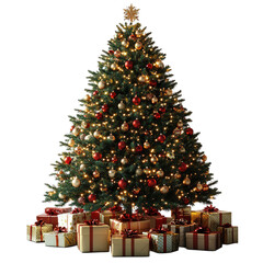 Christmas Tree Decorated with Ornaments and Lights, Surrounded by Wrapped Gifts