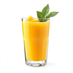 A glass of refreshing mango smoothie, isolated on a white background, showcasing a tropical drink