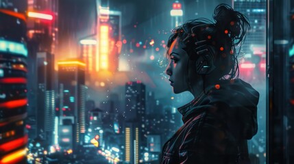 Fototapeta premium Futuristic Cyberpunk cyborg woman in armored suit, AI generated image