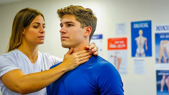 A female physical therapist checks the neck of a young Caucasian male patient, suggesting a focused medical examination in a clinic. The setting is professional, with medical posters visible.