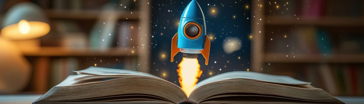 Ignite your imagination a rocket launches from an open book symbolizing creative exploration and knowledge growth