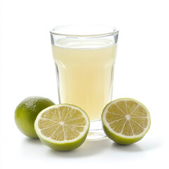 A glass of fresh lime juice, isolated on a white background, emphasizing a zesty and tangy drink