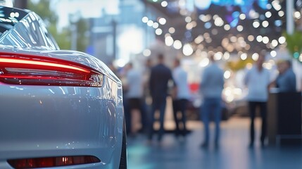Rear view of a silver sports car with people in the background.