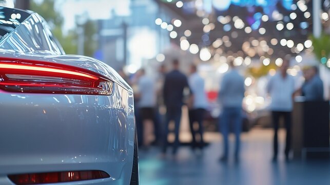 Rear view of a silver sports car with people in the background.