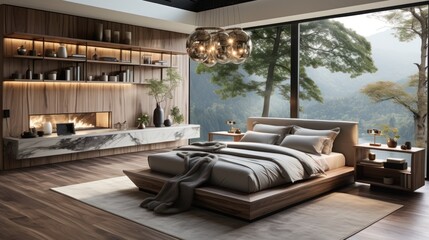 Modern bedroom with a large window overlooking a lush forest.  The room features a minimalist design with a wooden platform bed, a fireplace, and a large rug.