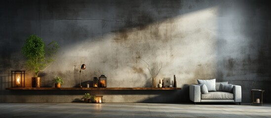 A modern living room with a grey sofa and a concrete wall. The room is decorated with plants, candles, and a wooden shelf.