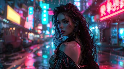 Fototapeta premium Sexy cyberpunk girl in nighttime futuristic city, AI generated image