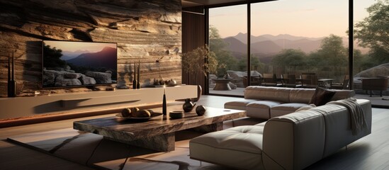Modern living room interior with large windows overlooking a mountain landscape with a flat screen TV.