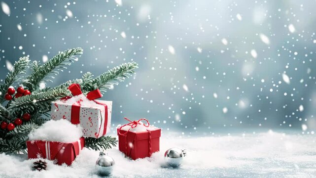 Outdoor winter scene gift boxes with christmas tree with snow falling, santa gift present happy new year and christmas