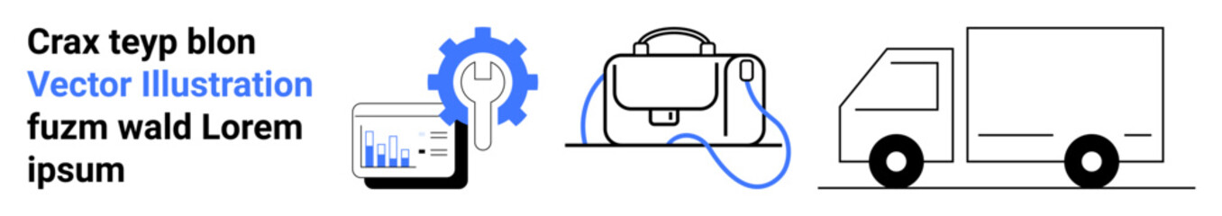 Business tools including analytics device, gear, briefcase, and transport truck. Ideal for presentations, logistics, business planning, technology, corporate strategies, data analysis